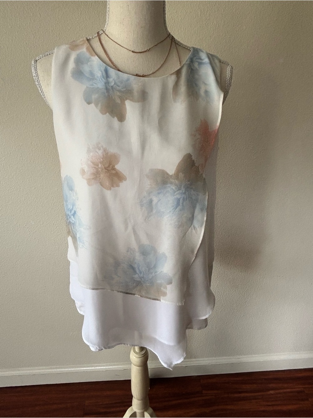 Calvin Klein Floral Peonies Sleeveless Layered White Blouse